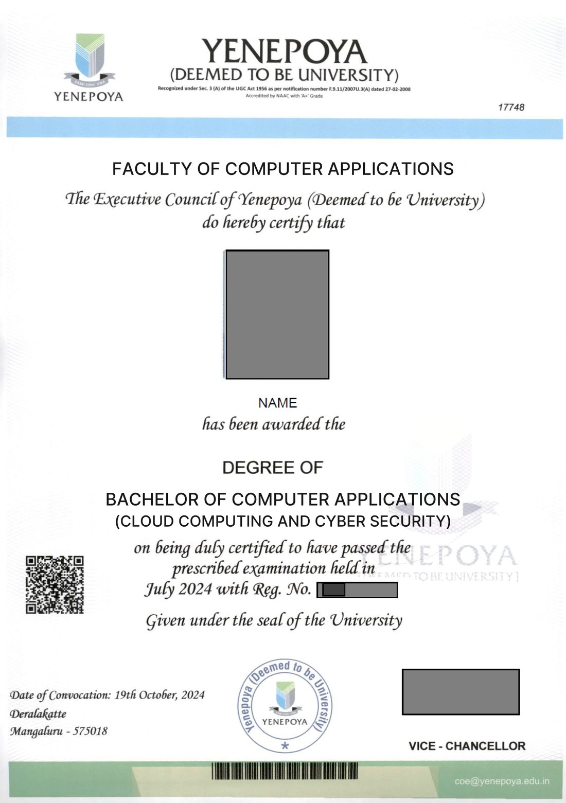 Sample BCA degree awarded by the university