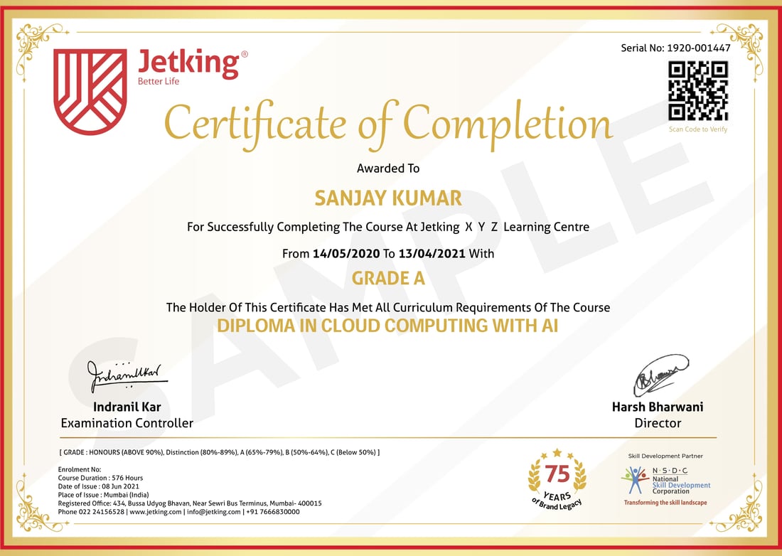Certificate specimen awarded on completion